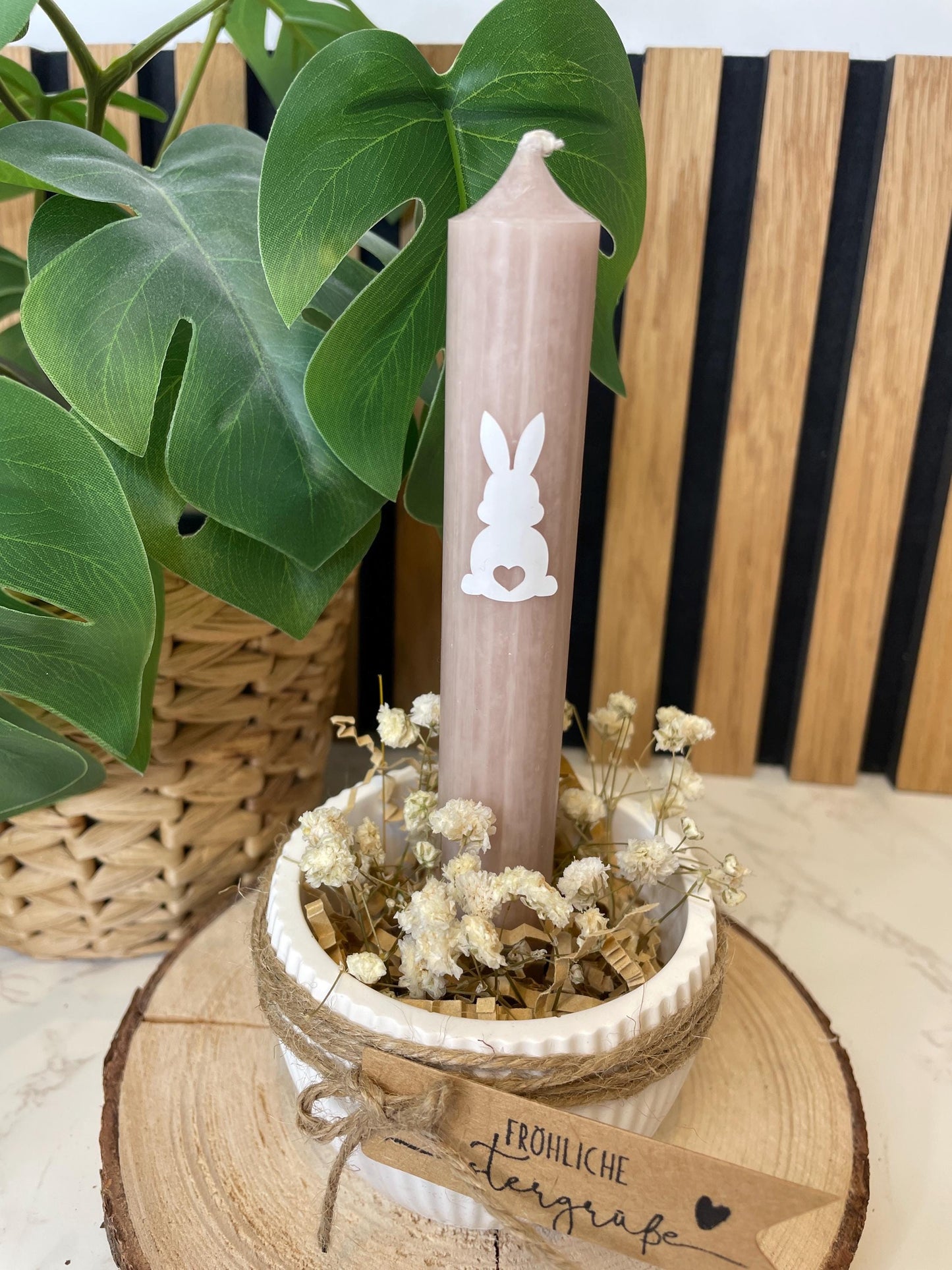 Osterschale Kerzenhalter – Raysin | Stabkerze in Salbei, Rosa oder Beere | Mit Trockenblumen & Hasen-Sticker/ Ostergeschenk / Osterdeko