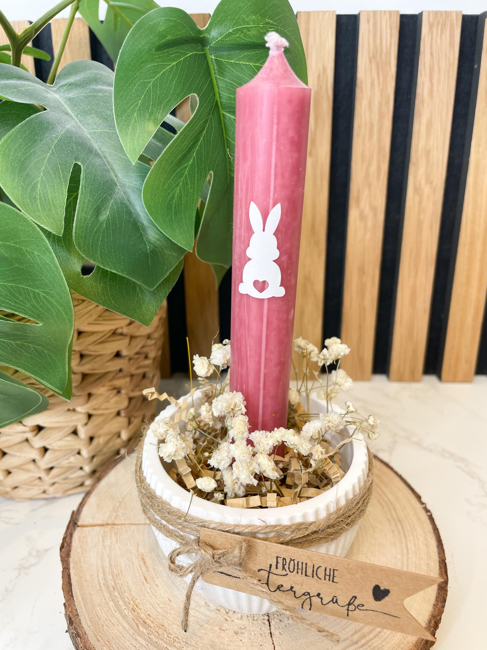 Osterschale Kerzenhalter – Raysin | Stabkerze in Salbei, Rosa oder Beere | Mit Trockenblumen & Hasen-Sticker/ Ostergeschenk / Osterdeko