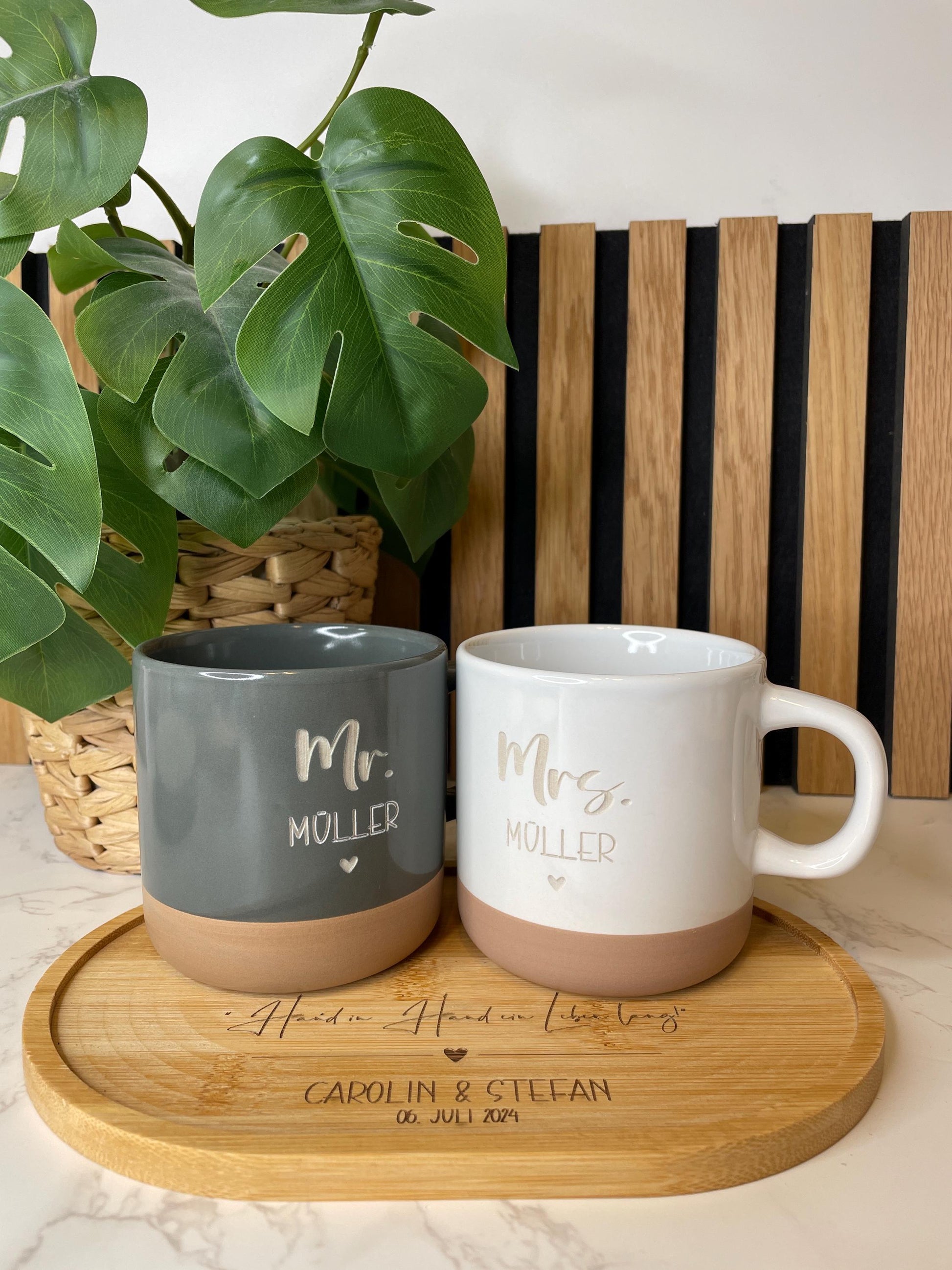 Hochzeitsgeschenk Tassen Set Mr und Mrs mit schöner personalisierter Gravur