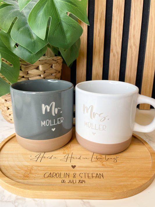 Hochzeitsgeschenk Tassen Set Mr und Mrs mit schöner personalisierter Gravur