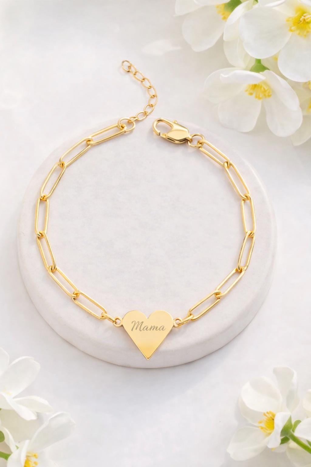 Personalisiertes Herz Armband Gold – Gravur Armband mit Namen – Valentinstag Geschenk – Muttertag Geschenk – Paperclip Armband Damen