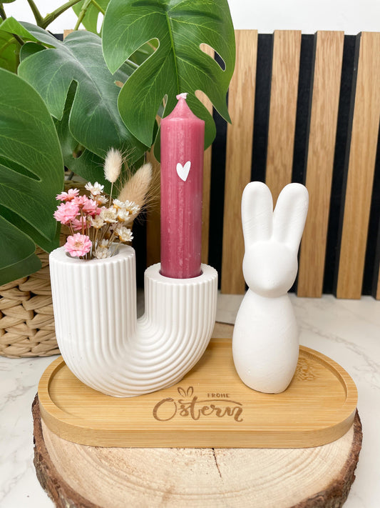 Osterset „Frohe Ostern“ – Handgegossen aus Raysin | Osterhase, Kerzenhalter & graviertes Tablett / Ostergeschenk / Osterdeko