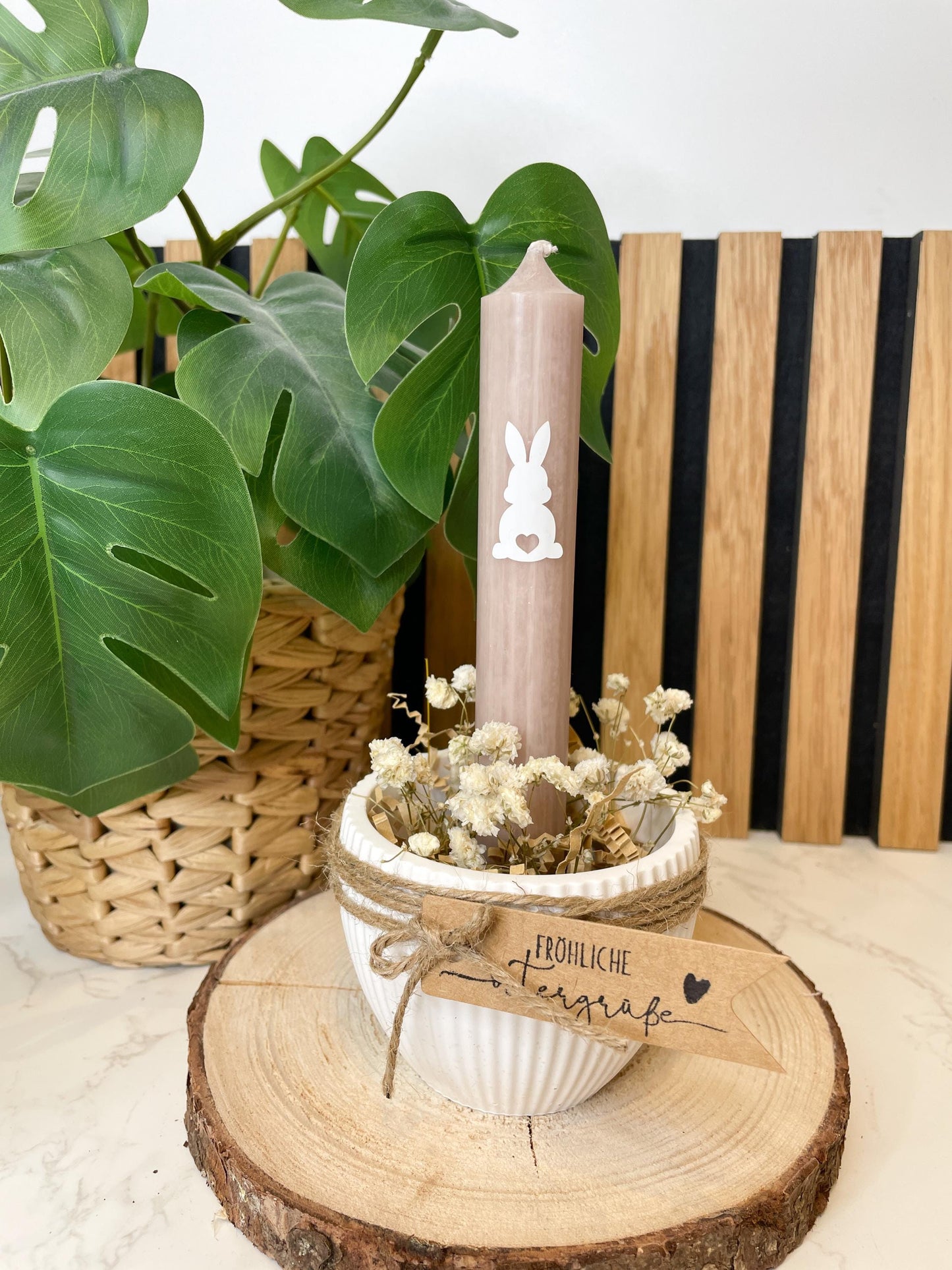 Osterschale Kerzenhalter – Raysin | Stabkerze in Salbei, Rosa oder Beere | Mit Trockenblumen & Hasen-Sticker/ Ostergeschenk / Osterdeko
