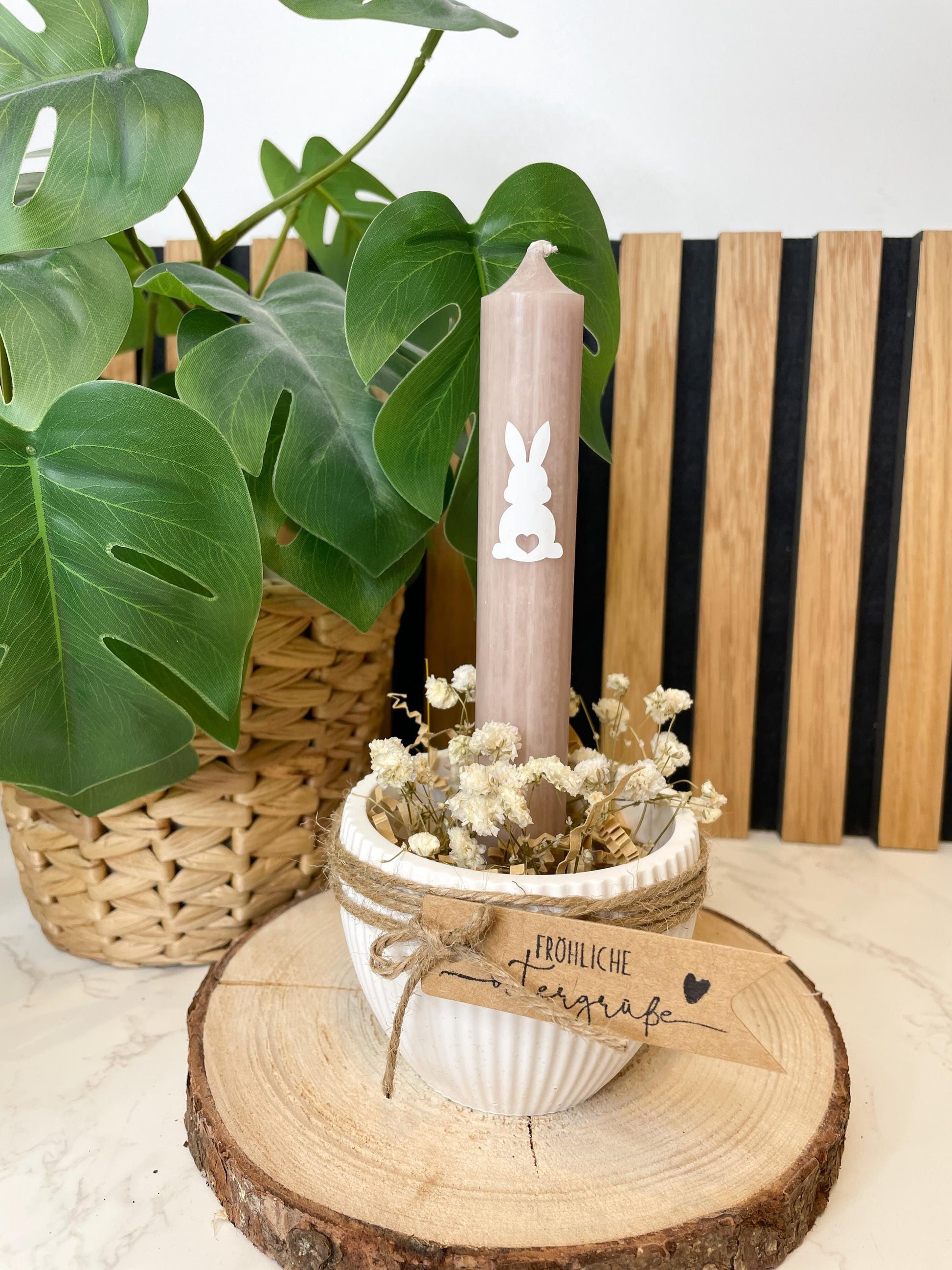 Osterschale Kerzenhalter – Raysin | Stabkerze in Salbei, Rosa oder Beere | Mit Trockenblumen & Hasen-Sticker/ Ostergeschenk / Osterdeko