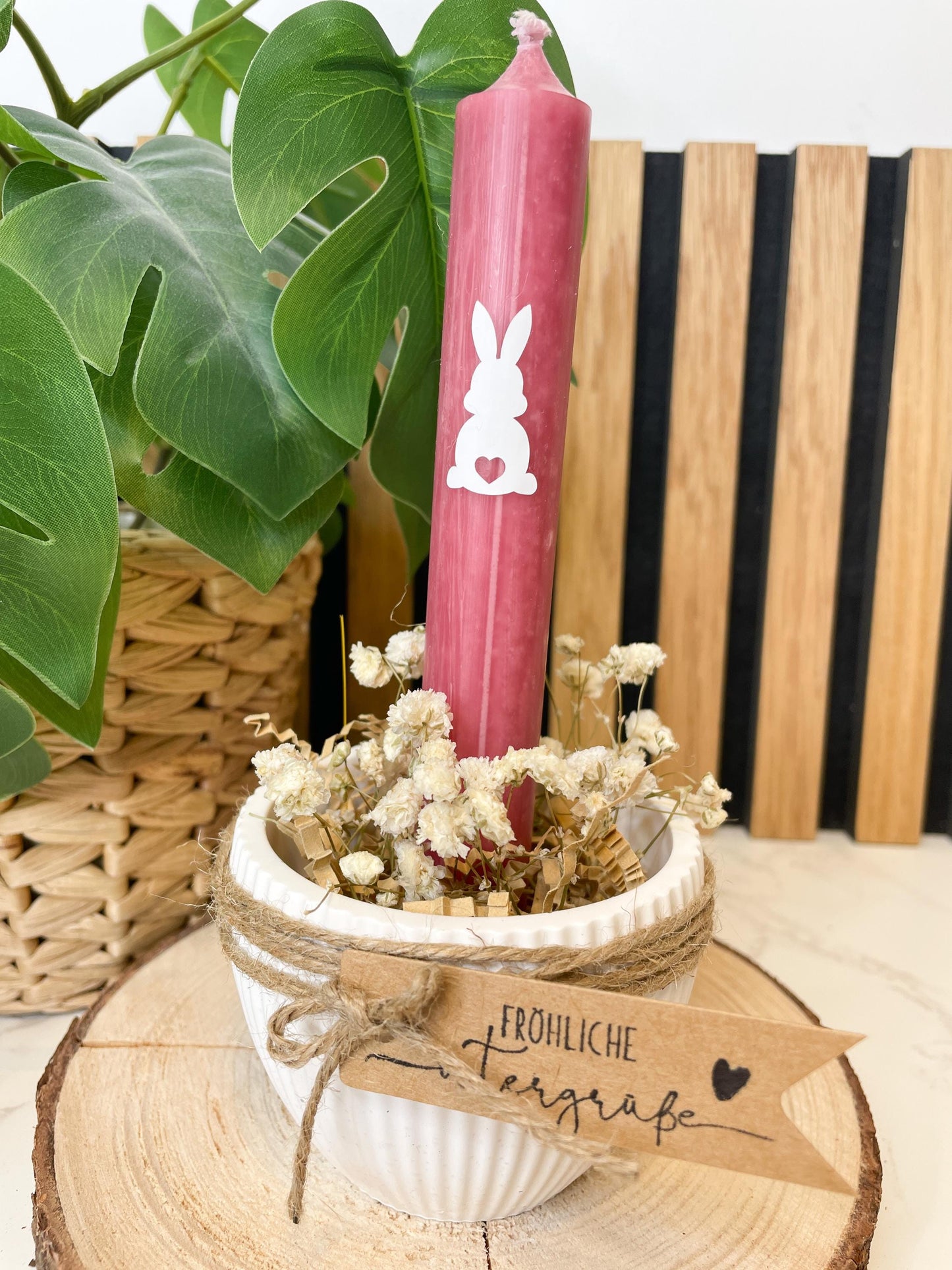 Osterschale Kerzenhalter – Raysin | Stabkerze in Salbei, Rosa oder Beere | Mit Trockenblumen & Hasen-Sticker/ Ostergeschenk / Osterdeko