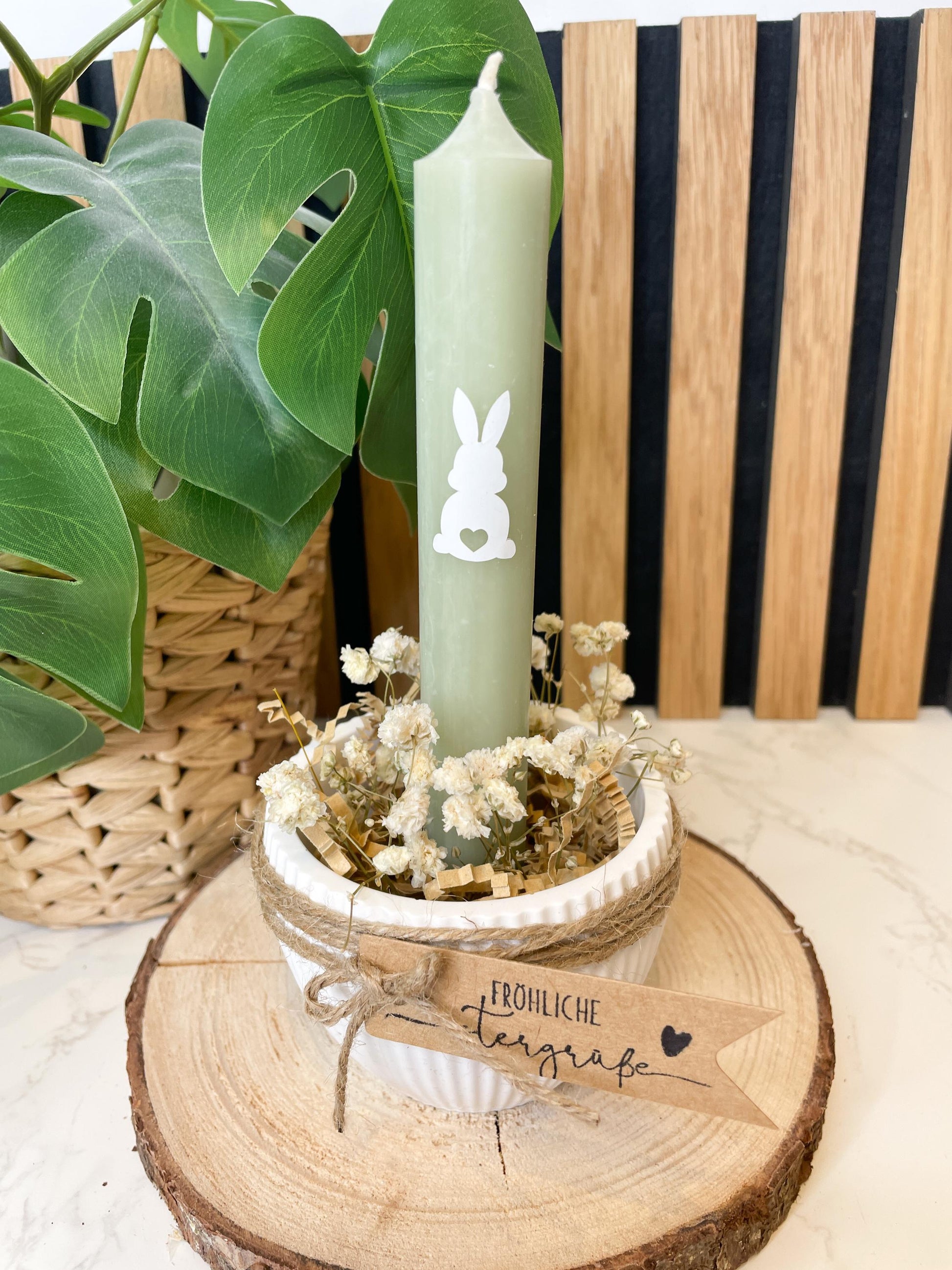 Osterschale Kerzenhalter – Raysin | Stabkerze in Salbei, Rosa oder Beere | Mit Trockenblumen & Hasen-Sticker/ Ostergeschenk / Osterdeko