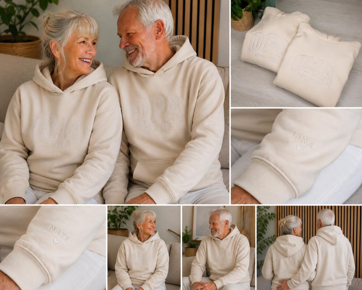 Personalisierter OMA oder OPA Hoodie – bestickt mit Enkelnamen & Geburtsjahr | Kuscheliger Familienhoodie