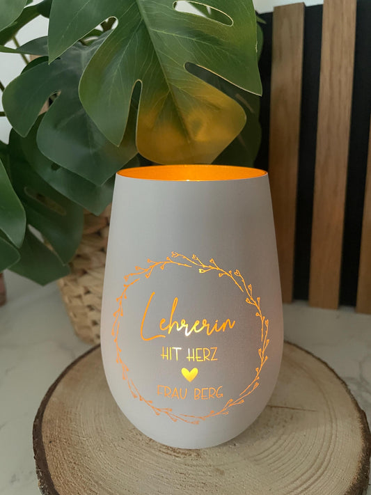 Personalisiertes Windlicht aus Glas – „Lehrerin mit Herz“ | Individuell graviert | Geschenk für Lehrer & Lehrerinnen