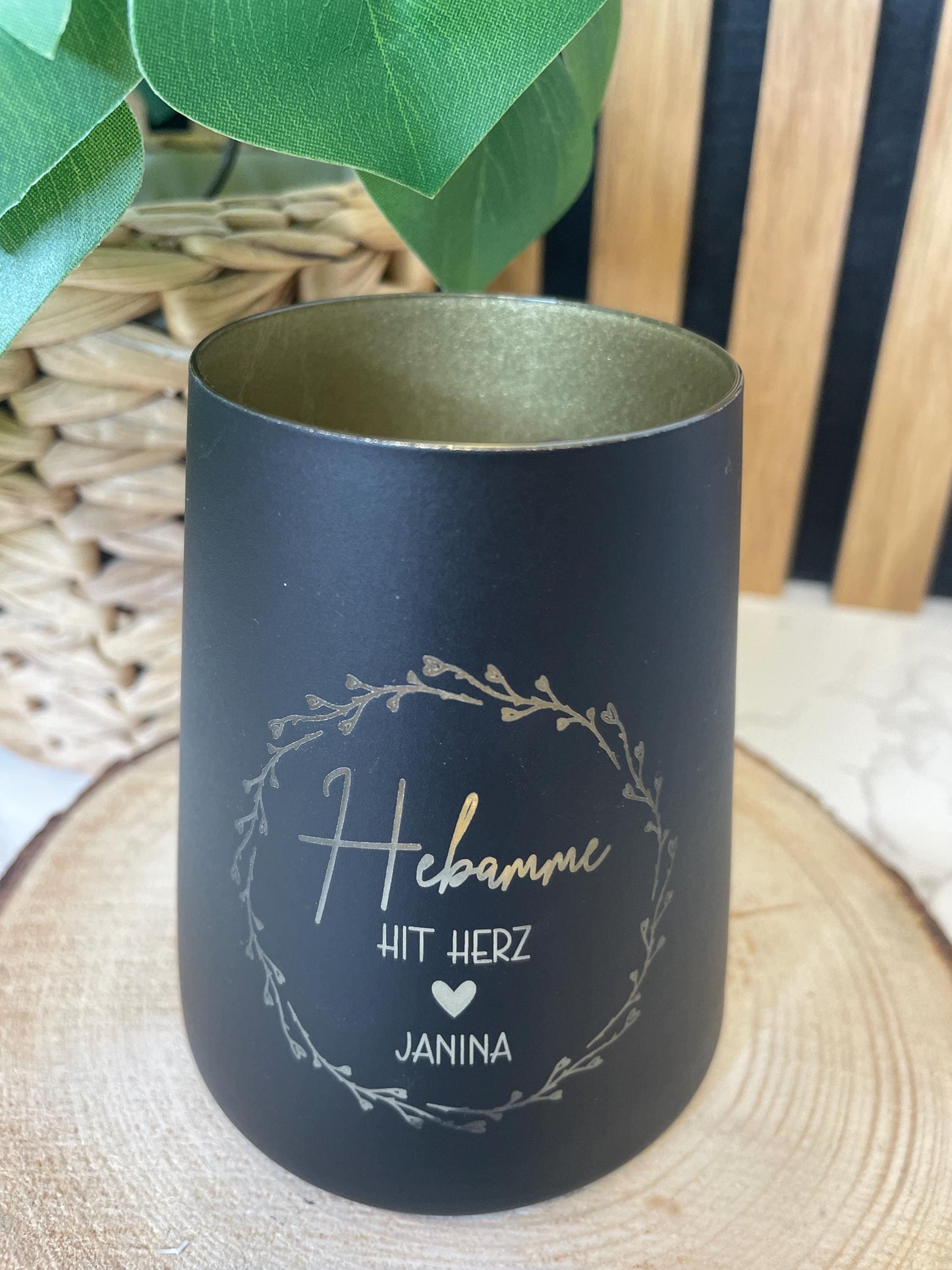 Personalisiertes Windlicht aus Glas – “Hebamme mit Herz” mit individueller Namensgravur