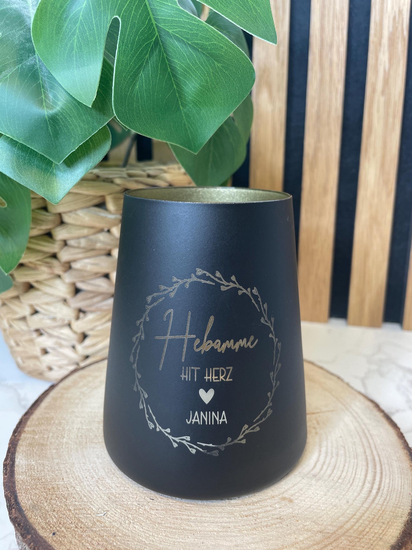 Personalisiertes Windlicht aus Glas – “Hebamme mit Herz” mit individueller Namensgravur