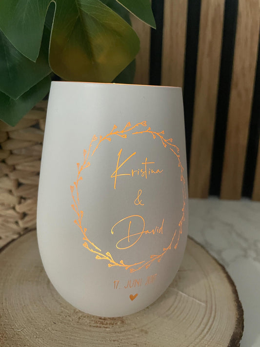 Individuell graviertes Windlicht aus hochwertigem Glas – Personalisiertes Hochzeitsgeschenk mit Namen & Hochzeitsdatum