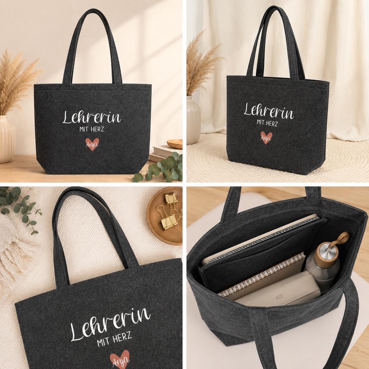 Personalisierter Filzshopper „Lehrerin mit Herz“ | Geschenk für Lehrerin | Abschiedsgeschenk | Dankeschön | Mit Wunschnamen