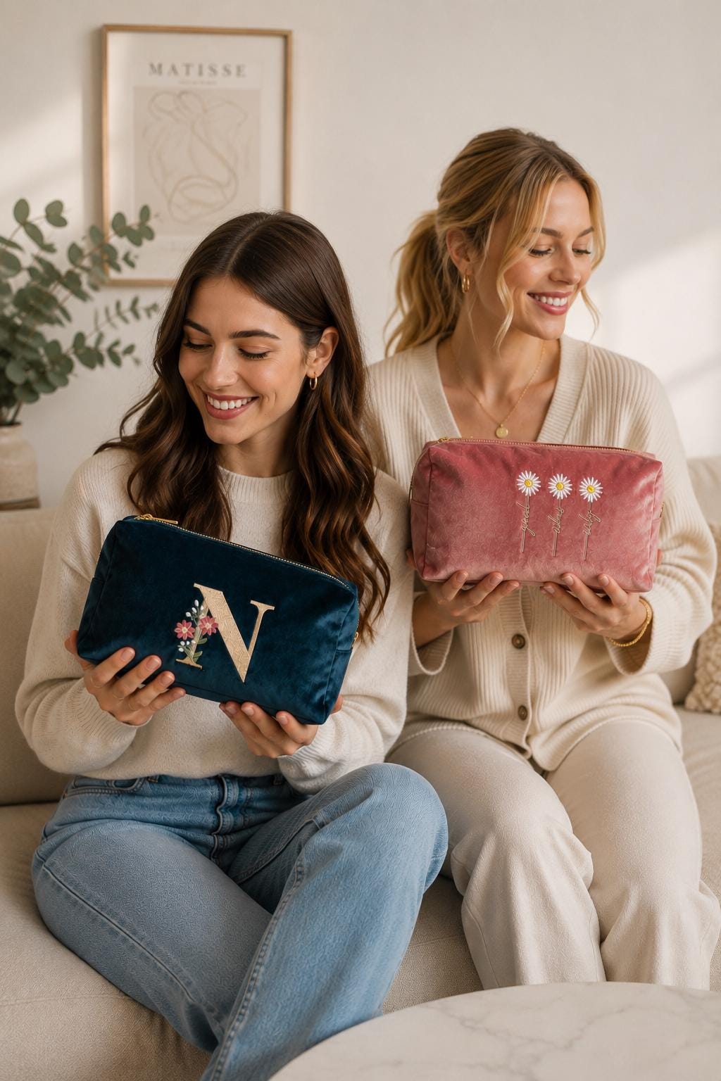 Personalisierte Samt-Kosmetiktasche mit floralem Initial – bestickt | Geschenk für Frauen | Schminktasche | Kulturbeutel