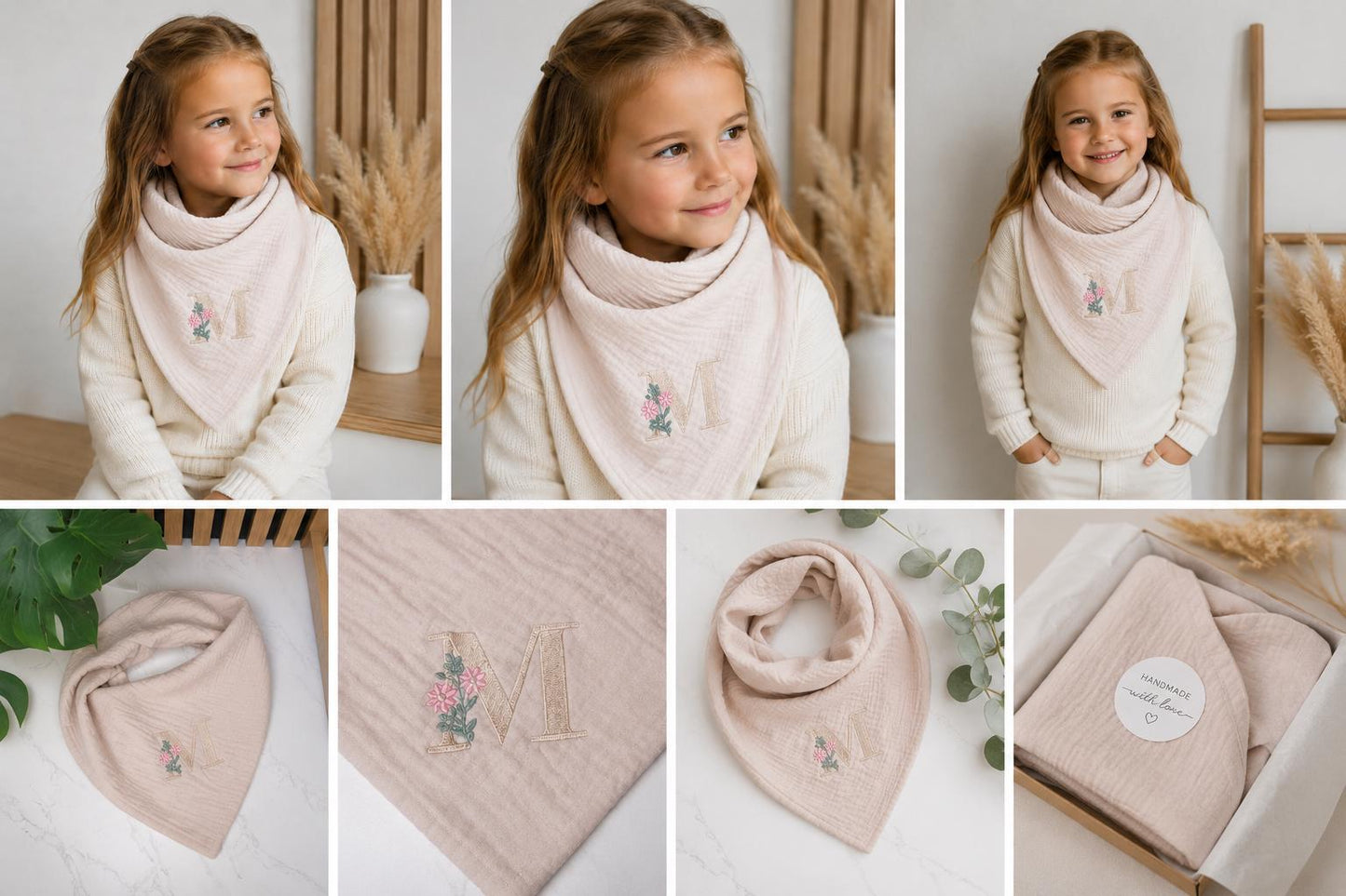 Personalisierte Musselin-Lätzchen & Dreieckstücher mit floralem Monogramm Für Babys und Kinder