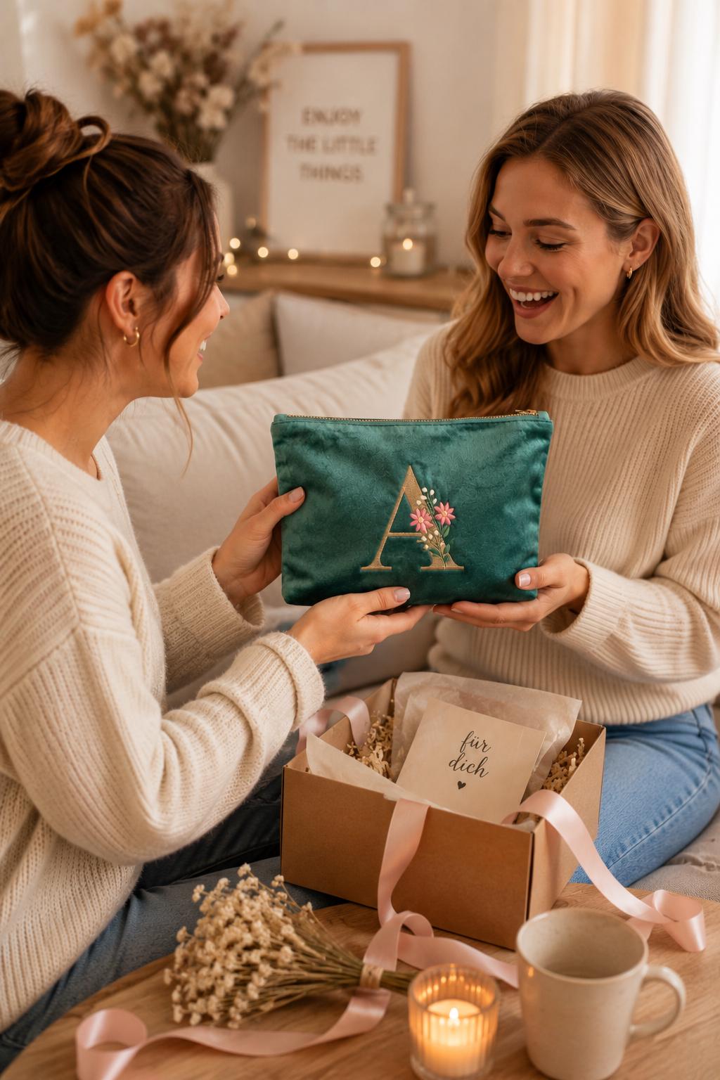 Personalisierte Samttasche – Kosmetiktasche | Accessoire-Tasche | Medikamententasche | bestickt und personalisiert / Geschenk Freundin