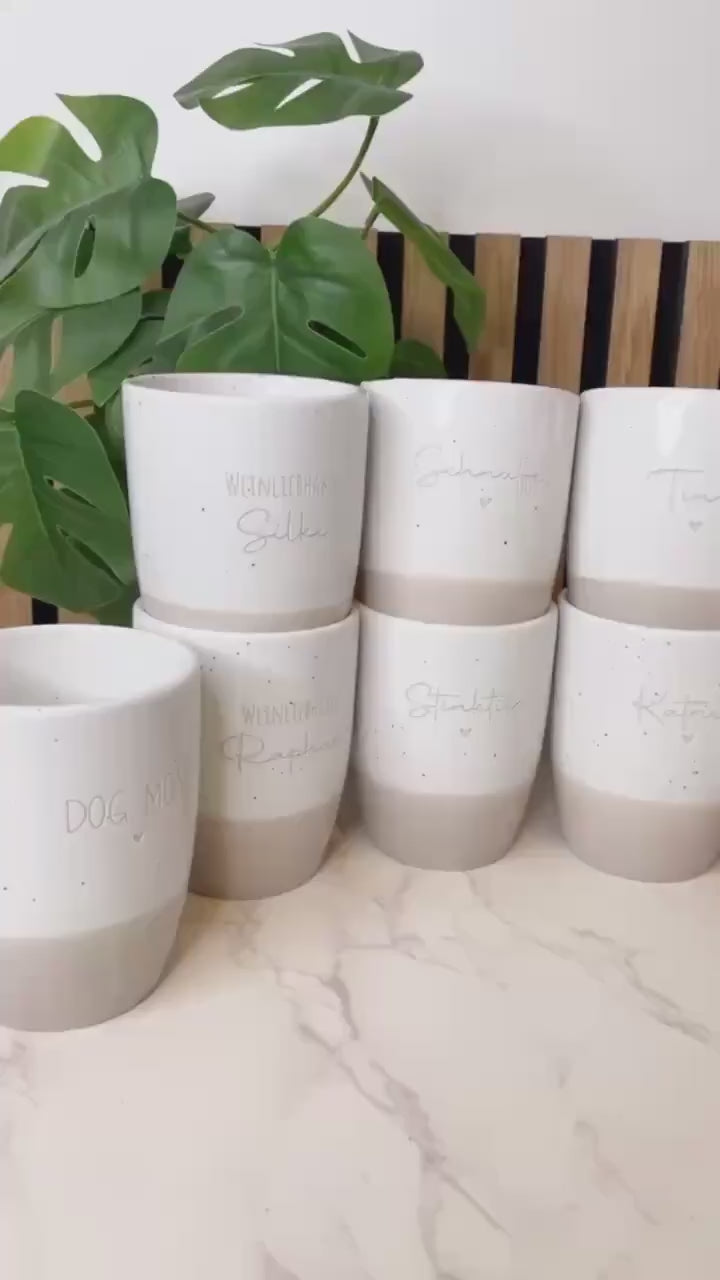 Keramik Becher / Steingut Becher grau  du bist wundervoll / Lieblingsmensch / Mama