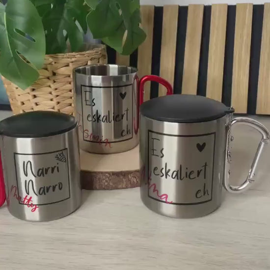 Personalisierter Edelstahlbecher mit Karabiner mit Deckel , Partypeace für JGA, Festival, Fasnet, Tasse
