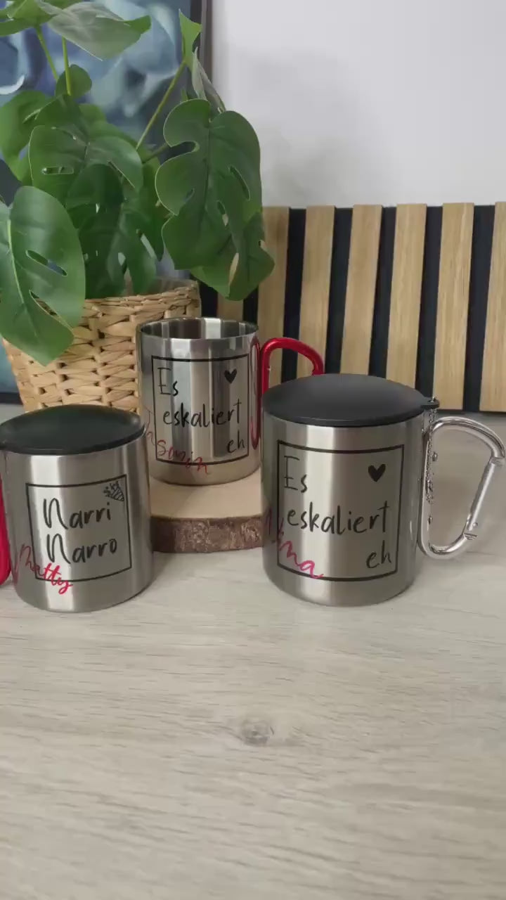 Personalisierter Edelstahlbecher mit Karabiner mit Deckel , Partypeace für JGA, Festival, Fasnet, Tasse
