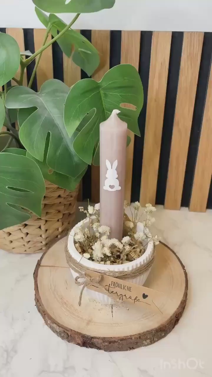 Osterschale Kerzenhalter – Raysin | Stabkerze in Salbei, Rosa oder Beere | Mit Trockenblumen & Hasen-Sticker/ Ostergeschenk / Osterdeko