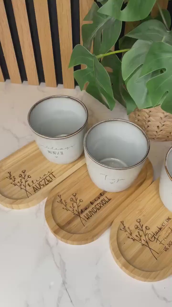 Keramik / Steingut Becher grau mit Tablett    du bist wundervoll / Lieblingsmensch / Mama