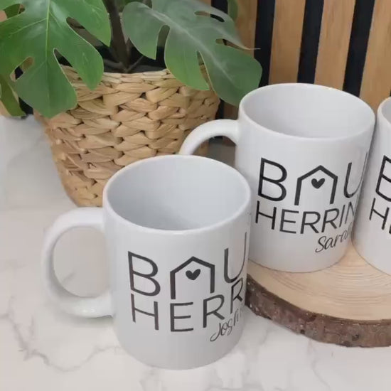 BAUHERR / BAUHERRIN personalisierte Tassen und Schlüsselanhänger / Geschenk für Bauherren