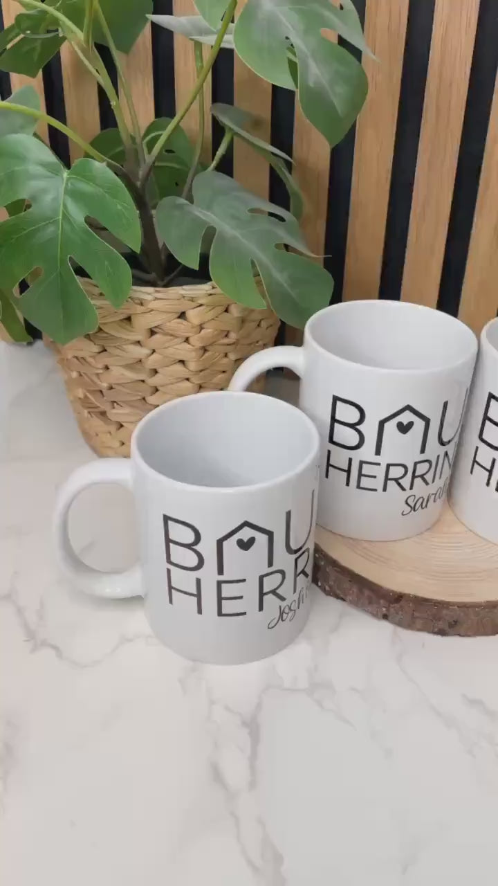 BAUHERR / BAUHERRIN personalisierte Tassen und Schlüsselanhänger / Geschenk für Bauherren