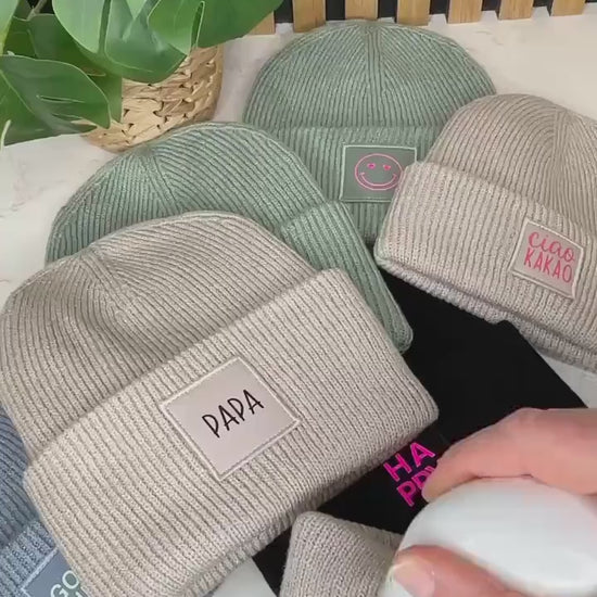 Winterbeanie Geobstrick Beanie mit deinem Wunschaufdruck