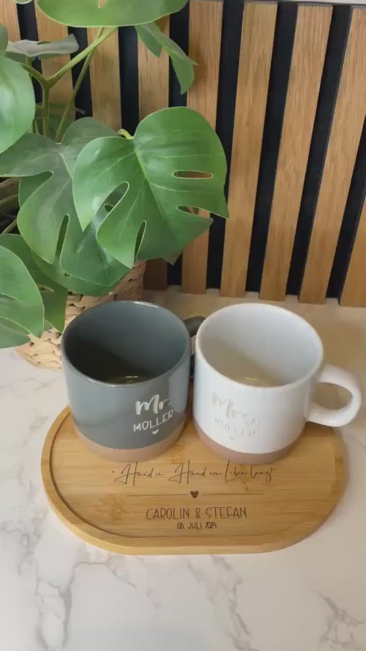 Hochzeitsgeschenk Tassen Set Mr und Mrs mit schöner personalisierter Gravur