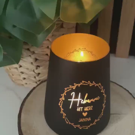 Personalisiertes Windlicht aus Glas – “Hebamme mit Herz” mit individueller Namensgravur