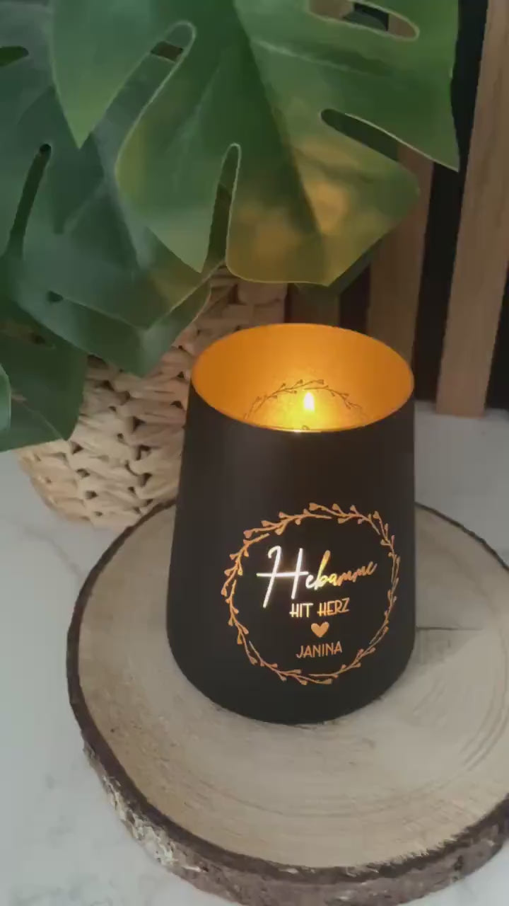 Personalisiertes Windlicht aus Glas – “Hebamme mit Herz” mit individueller Namensgravur