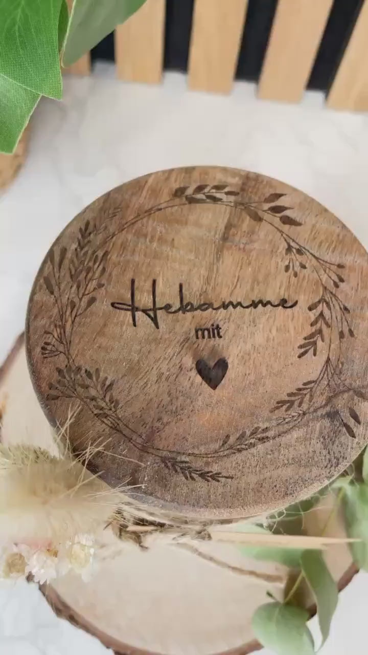 Hebamme mit Herz, Blumenranke, Dankeschön an deine Hebamme, Aufbewahrungsglas mit personalisiertem Deckel