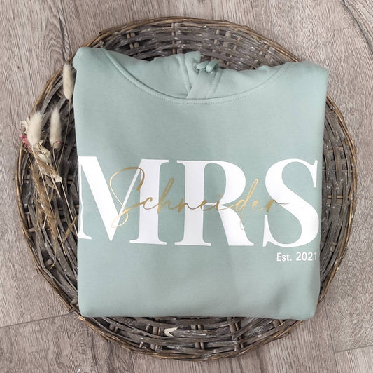 MRS Hoodie Geschenk zur Verlobung oder Hochzeit, personalisiert mit dem Familiennamen