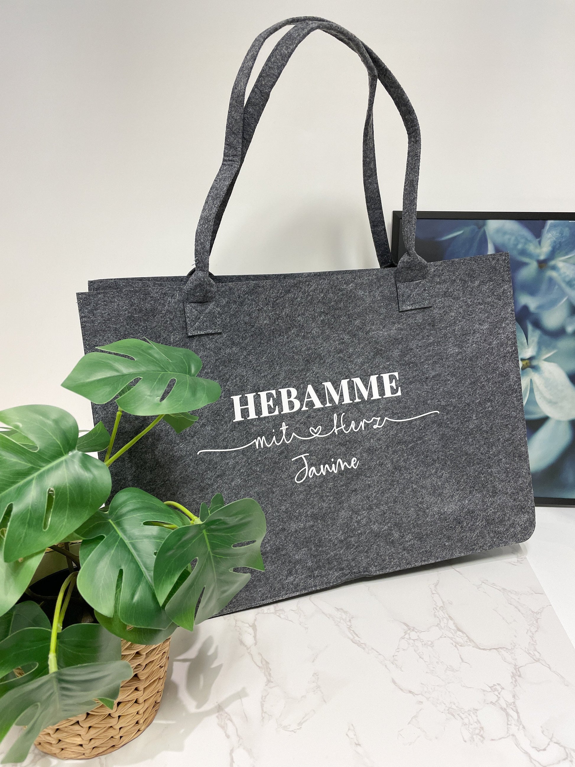 Hebamme mit Herz untersch. Designs, Abschiedsgeschenk Filzkorb Tasche Babywaage
