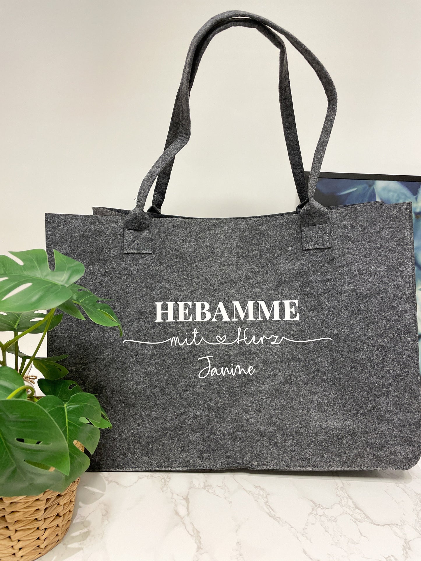 Hebamme mit Herz untersch. Designs, Abschiedsgeschenk Filzkorb Tasche Babywaage