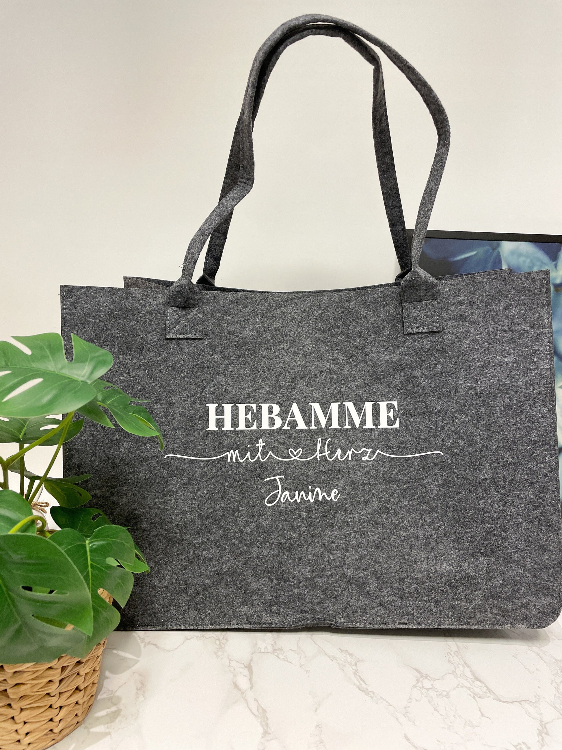 Hebamme mit Herz untersch. Designs, Abschiedsgeschenk Filzkorb Tasche Babywaage